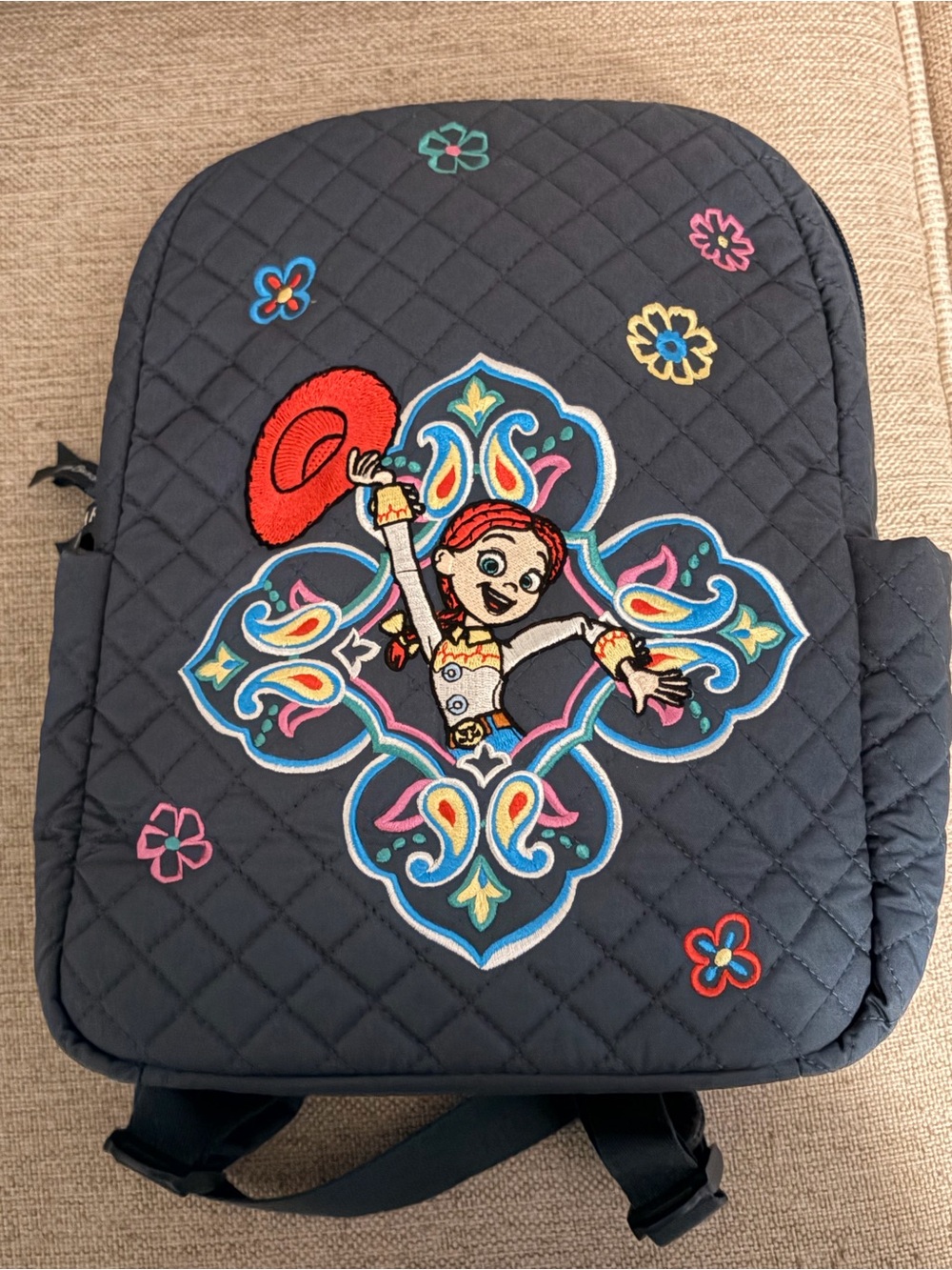 Girls Quilted Navy Backpack with Colorful Embroidered Design